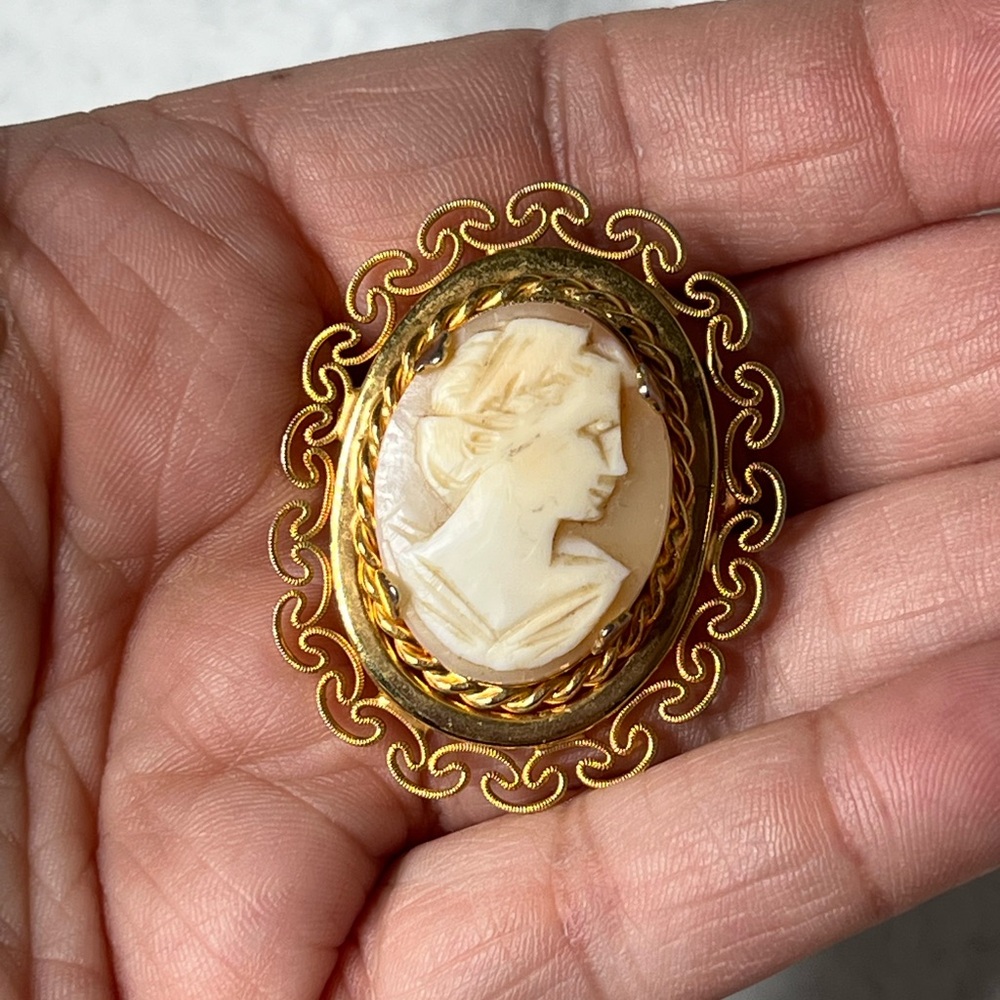Vintage Cameo Brooch with Gold Accents